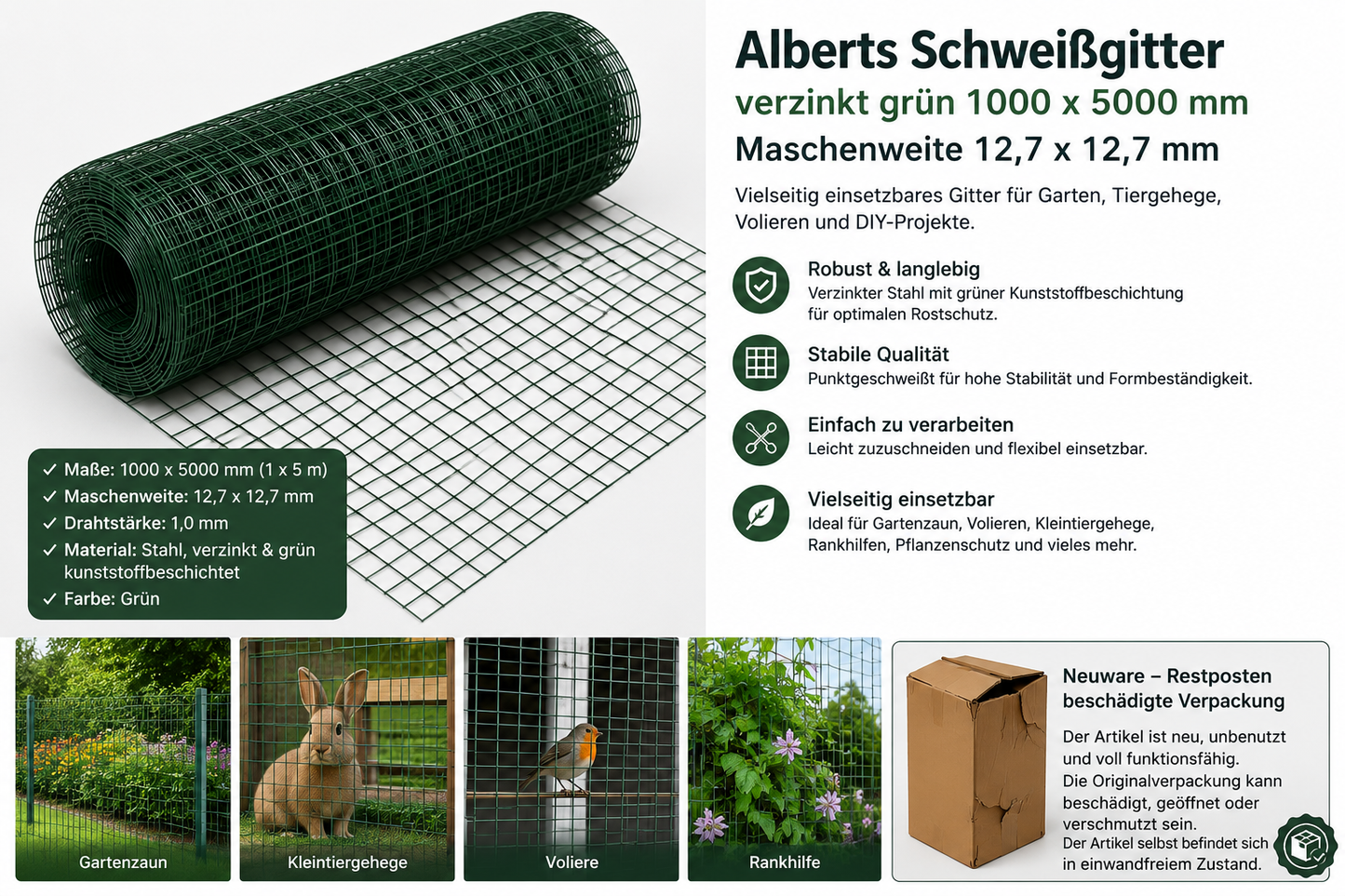 Alberts  Schweißgitter Gitterzaun Maschendraht Zaun verzinkt grün 1000x5000 mm