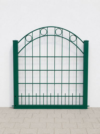 Gartentor Rundbogen 120 cm Höhe – Metalltor mit Pfosten 10x10 cm und dekorativen Kreisen