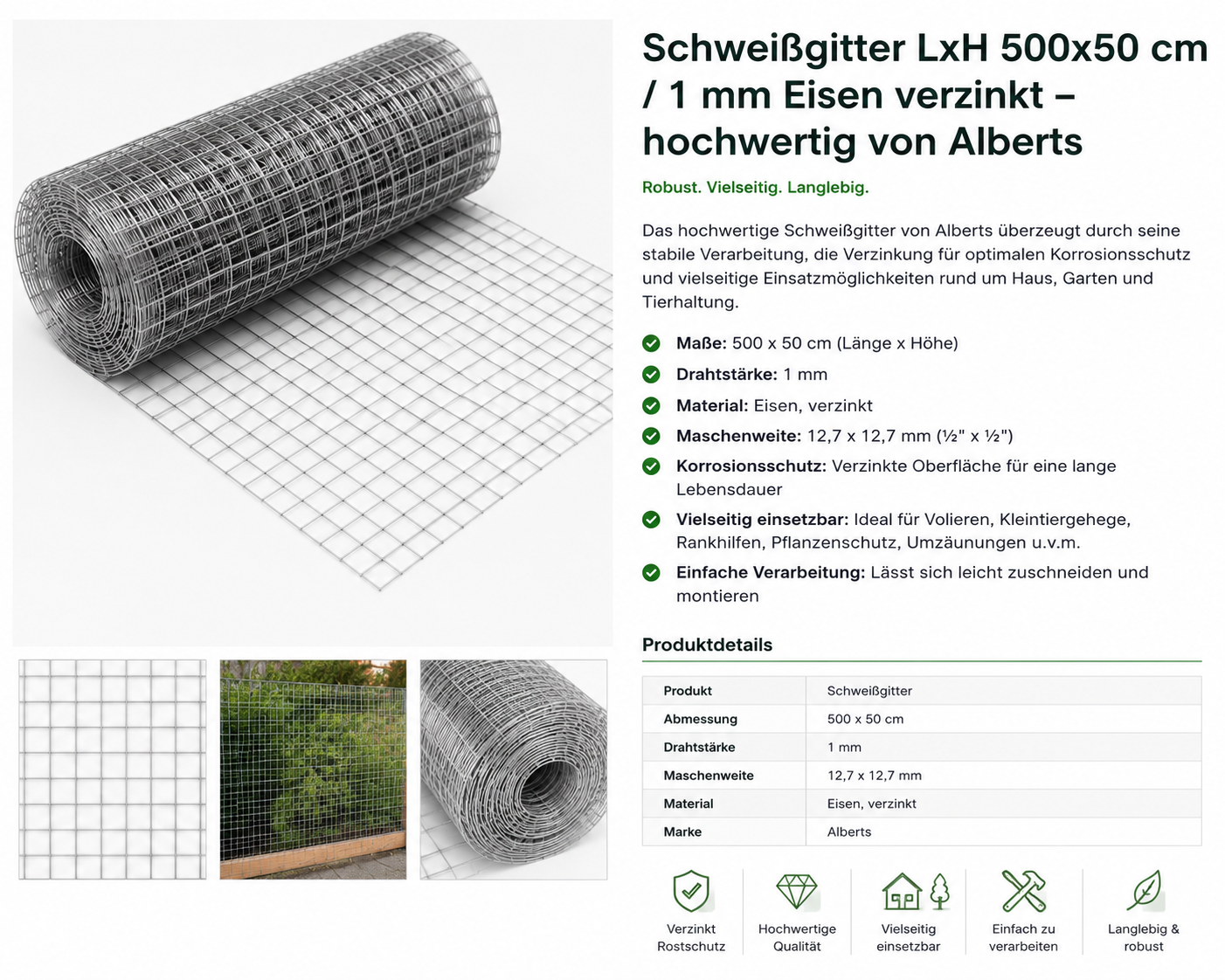 Schweißgitter LxH  500x50 cm / 1 mm Eisen verzinkt hochwertig v. Alberts
