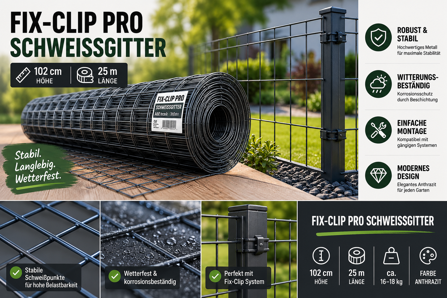 Fix-Clip Pro Schweißgitter Anthrazit – 102 cm x 25 m