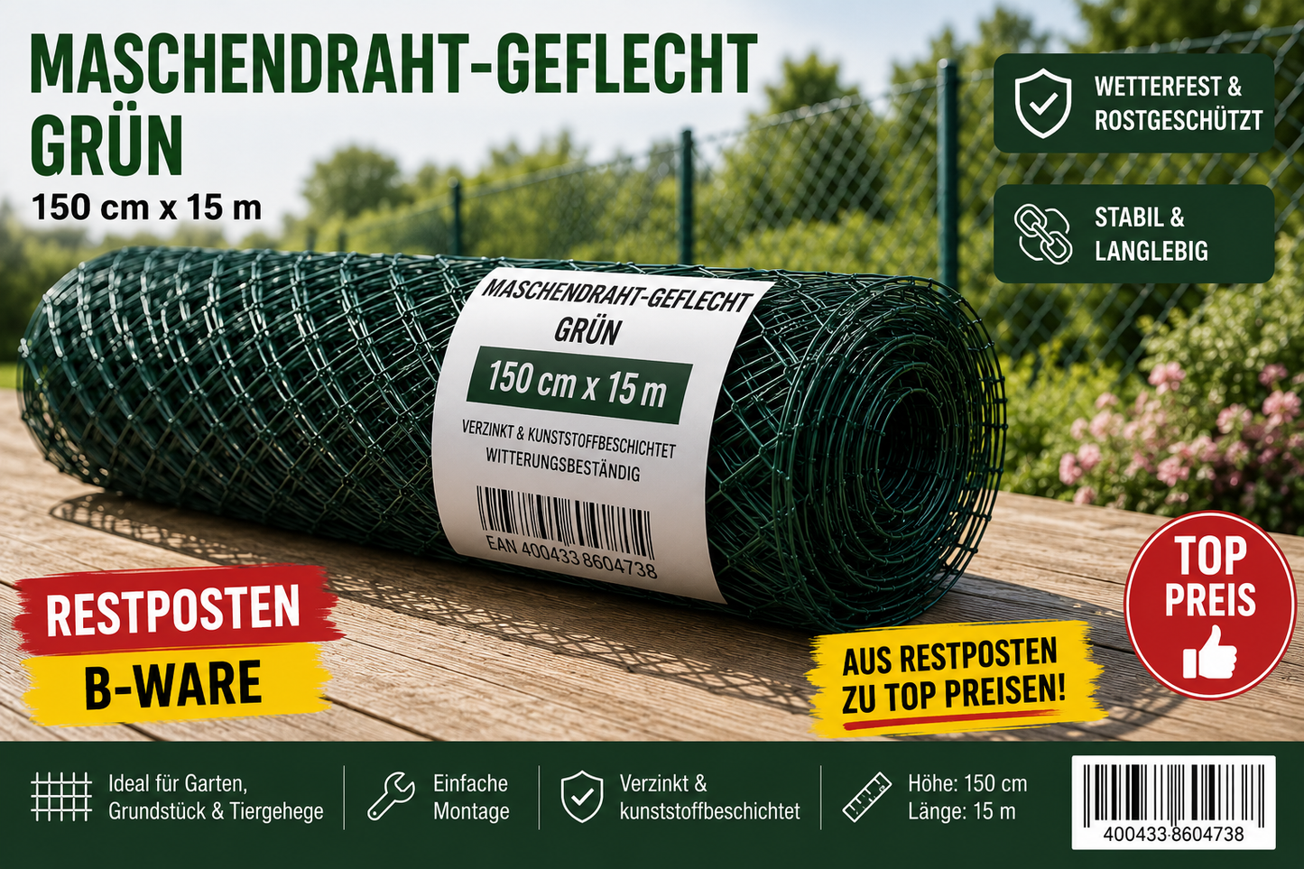Maschendrahtzaun Grün 150 cm x 15 m | Maschendraht-Geflecht