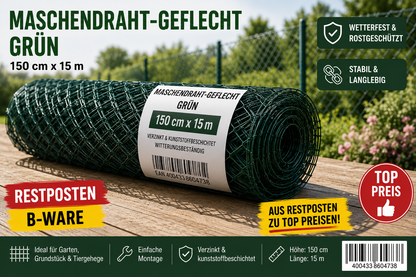 Maschendrahtzaun Grün 150 cm x 15 m | Maschendraht-Geflecht