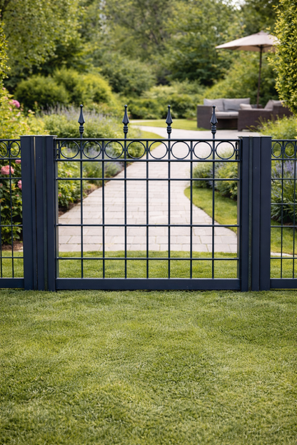 Gartentor verzinkt anthrazit – 80 × 90 cm – Kreisreihe & Spitzen – mit LOCINOX Schloss