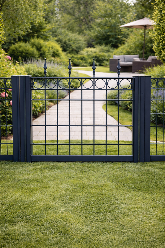 Gartentor verzinkt anthrazit – 80 × 90 cm – Kreisreihe & Spitzen – mit LOCINOX Schloss