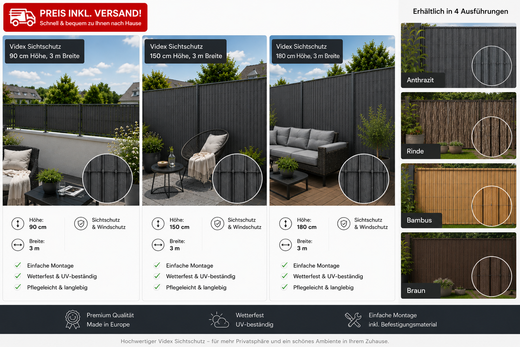 Videx PVC Sichtschutz Rügen 90 x 300 cm – Moderner Sichtschutz für Garten, Terrasse und Balkon