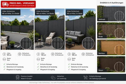 Videx PVC Sichtschutz Rügen 90 x 300 cm – Moderner Sichtschutz für Garten, Terrasse und Balkon