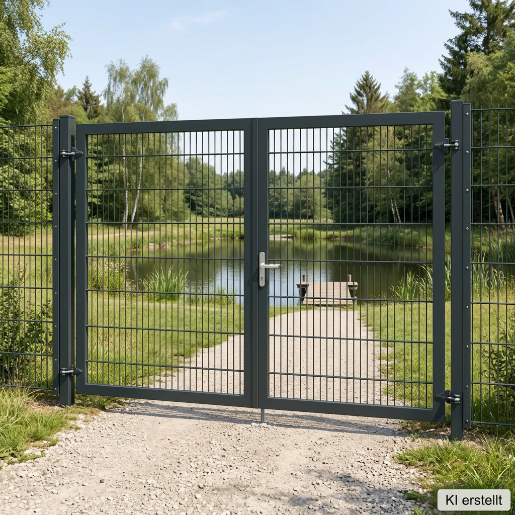 KI-generierte Illustration eines anthrazitfarbenen zweiflügeligen Gartentors mit Doppelstabmattenzaun vor einem Teich