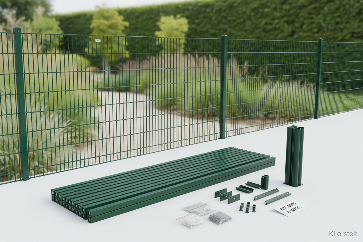 Doppelstabmattenzaun 8/6/8 Komplettset ca. 100 m RAL 6005 Grün – KI erstellt