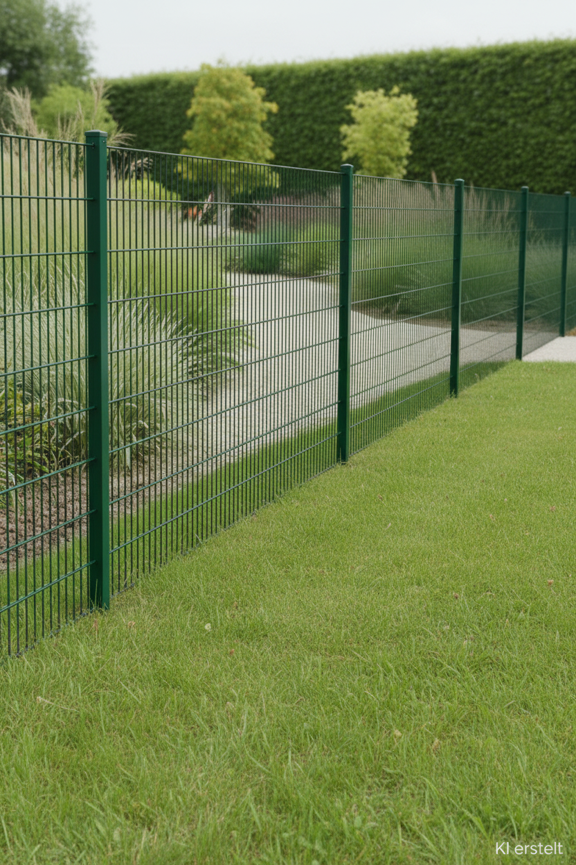 Doppelstabmattenzaun 8/6/8 Komplettset ca. 100 m RAL 6005 Grün 223 cm hoch – KI erstellt