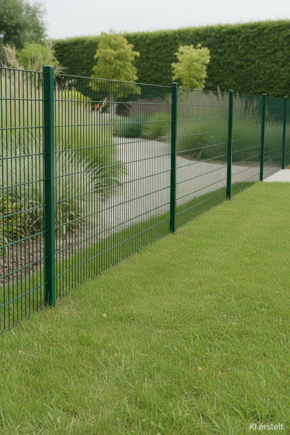 Doppelstabmattenzaun 8/6/8 Komplettset ca. 100 m RAL 6005 Grün 223 cm hoch – KI erstellt