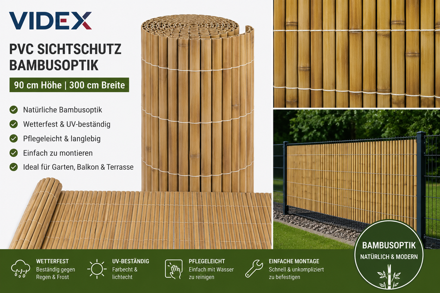 Videx PVC Sichtschutz Bambusoptik 90 x 300 cm