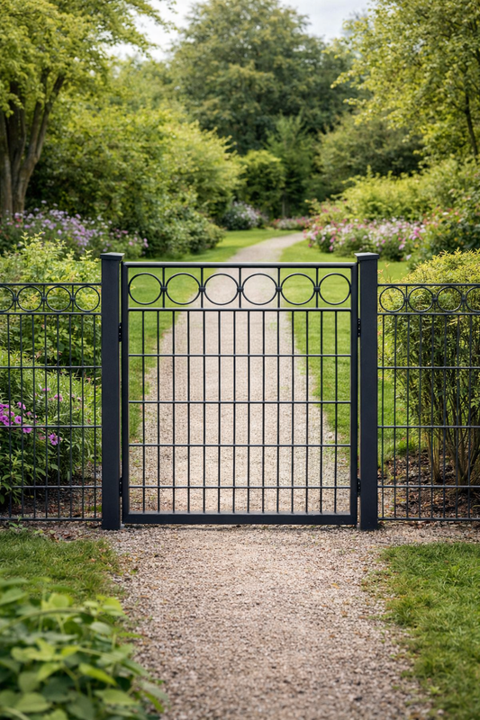 Hochwertiges Gartentor 0,90 m breit × 1,20 m hoch – grün, Locinox-Schloss, obere Kreisreihe