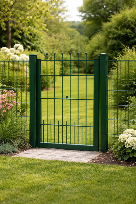 Gartentor 120 cm hoch – 90 cm breit, dekorative Kugeln, verzinkt & grün beschichtet