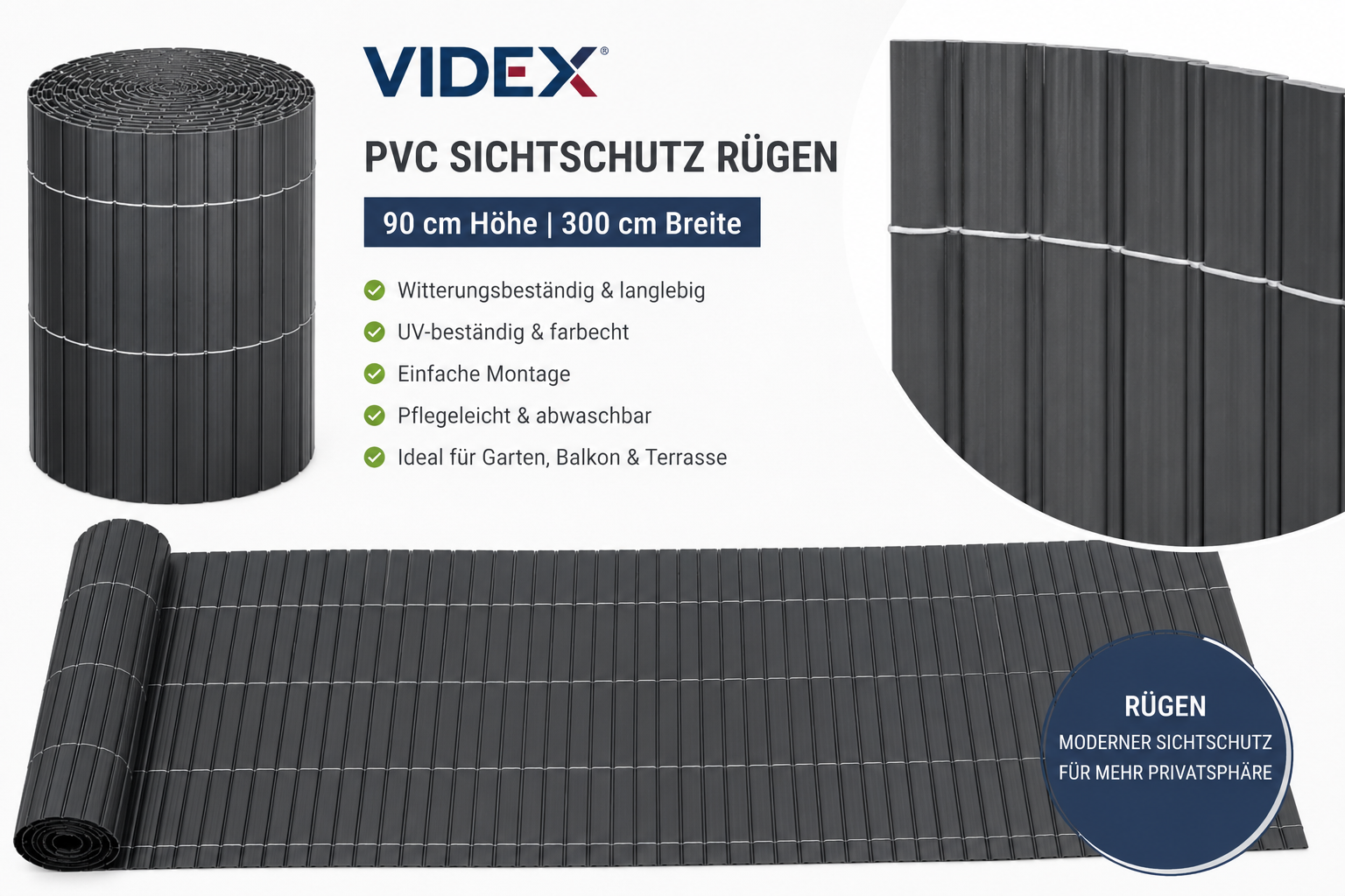 Videx PVC Sichtschutz Rügen 90 x 300 cm – Moderner Sichtschutz für Garten, Terrasse und Balkon